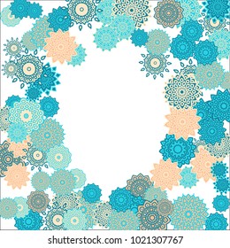 Christmas Background with Cute Colorful Snowflakes on White Ground. Ethnic Stylized Mandalas Looking Like Snowflakes. Moroccan, Ottoman or Arabic Pattern for Card, Poster, Banner