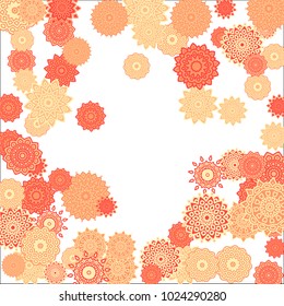 Christmas Background with Cute Colorful Snowflakes on White Ground. Ethnic Stylized Mandalas Looking Like Snowflakes. Moroccan, Ottoman or Arabic Pattern for Card, Poster, Banner