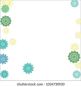 Christmas Background with Cute Colorful Snowflakes on White Ground. Ethnic Stylized Mandalas Looking Like Snowflakes. Moroccan, Ottoman or Arabic Pattern for Card, Poster, Banner