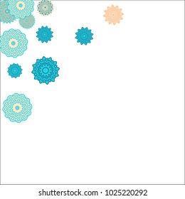 Christmas Background with Cute Colorful Snowflakes on White Ground. Ethnic Stylized Mandalas Looking Like Snowflakes. Moroccan, Ottoman or Arabic Pattern for Card, Poster, Banner