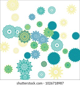 Christmas Background with Cute Colorful Snowflakes on White Ground. Ethnic Stylized Mandalas Looking Like Snowflakes. Moroccan, Ottoman or Arabic Pattern for Card, Poster, Banner