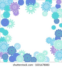 Christmas Background with Cute Colorful Snowflakes on White Ground. Ethnic Stylized Mandalas Looking Like Snowflakes. Moroccan, Ottoman or Arabic Pattern for Card, Poster, Banner