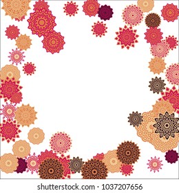 Christmas Background with Cute Colorful Snowflakes on White Ground. Ethnic Stylized Mandalas Looking Like Snowflakes. Moroccan, Ottoman or Arabic Pattern for Card, Poster, Banner