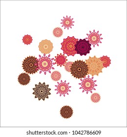 Christmas Background with Cute Colorful Snowflakes on White Ground. Ethnic Stylized Mandalas Looking Like Snowflakes. Moroccan, Ottoman or Arabic Pattern for Card, Poster, Banner