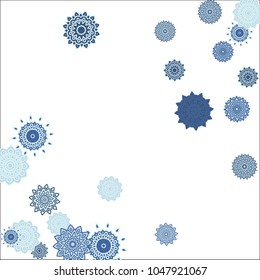 Christmas Background with Cute Colorful Snowflakes on White Ground. Ethnic Stylized Mandalas Looking Like Snowflakes. Moroccan, Ottoman or Arabic Pattern for Card, Poster, Banner