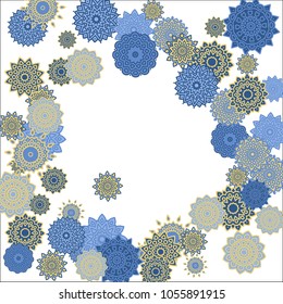 Christmas Background with Cute Colorful Snowflakes on White Ground. Ethnic Stylized Mandalas Looking Like Snowflakes. Moroccan, Ottoman or Arabic Pattern for Card, Poster, Banner