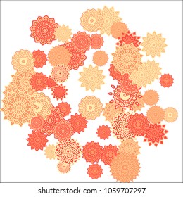 Christmas Background with Cute Colorful Snowflakes on White Ground. Ethnic Stylized Mandalas Looking Like Snowflakes. Moroccan, Ottoman or Arabic Pattern for Card, Poster, Banner