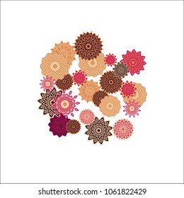 Christmas Background with Cute Colorful Snowflakes on White Ground. Ethnic Stylized Mandalas Looking Like Snowflakes. Moroccan, Ottoman or Arabic Pattern for Card, Poster, Banner