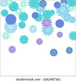 Christmas Background with Cute Colorful Snowflakes on White Ground. Ethnic Stylized Mandalas Looking Like Snowflakes. Moroccan, Ottoman or Arabic Pattern for Card, Poster, Banner