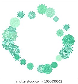 Christmas Background with Cute Colorful Snowflakes on White Ground. Ethnic Stylized Mandalas Looking Like Snowflakes. Moroccan, Ottoman or Arabic Pattern for Card, Poster, Banner