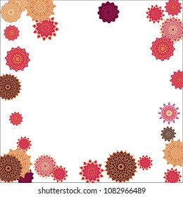 Christmas Background with Cute Colorful Snowflakes on White Ground. Ethnic Stylized Mandalas Looking Like Snowflakes. Moroccan, Ottoman or Arabic Pattern for Card, Poster, Banner