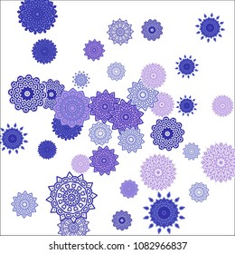 Christmas Background with Cute Colorful Snowflakes on White Ground. Ethnic Stylized Mandalas Looking Like Snowflakes. Moroccan, Ottoman or Arabic Pattern for Card, Poster, Banner