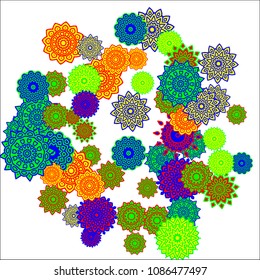 Christmas Background with Cute Colorful Snowflakes on White Ground. Ethnic Stylized Mandalas Looking Like Snowflakes. Moroccan, Ottoman or Arabic Pattern for Card, Poster, Banner