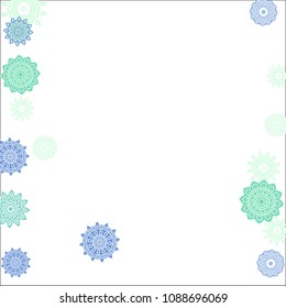 Christmas Background with Cute Colorful Snowflakes on White Ground. Ethnic Stylized Mandalas Looking Like Snowflakes. Moroccan, Ottoman or Arabic Pattern for Card, Poster, Banner