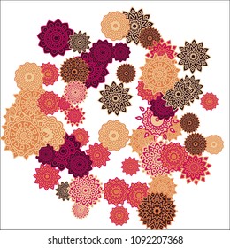 Christmas Background with Cute Colorful Snowflakes on White Ground. Ethnic Stylized Mandalas Looking Like Snowflakes. Moroccan, Ottoman or Arabic Pattern for Card, Poster, Banner