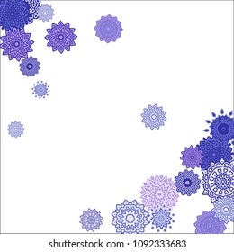 Christmas Background with Cute Colorful Snowflakes on White Ground. Ethnic Stylized Mandalas Looking Like Snowflakes. Moroccan, Ottoman or Arabic Pattern for Card, Poster, Banner