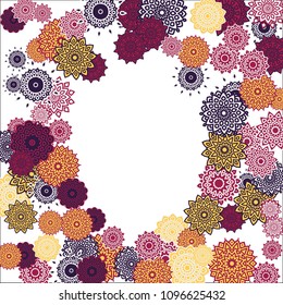 Christmas Background with Cute Colorful Snowflakes on White Ground. Ethnic Stylized Mandalas Looking Like Snowflakes. Moroccan, Ottoman or Arabic Pattern for Card, Poster, Banner