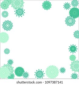 Christmas Background with Cute Colorful Snowflakes on White Ground. Ethnic Stylized Mandalas Looking Like Snowflakes. Moroccan, Ottoman or Arabic Pattern for Card, Poster, Banner