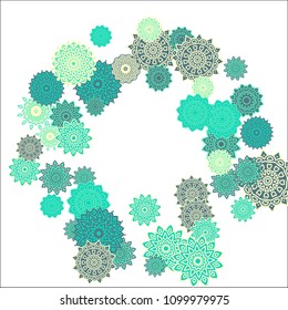 Christmas Background with Cute Colorful Snowflakes on White Ground. Ethnic Stylized Mandalas Looking Like Snowflakes. Moroccan, Ottoman or Arabic Pattern for Card, Poster, Banner