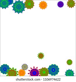 Christmas Background with Cute Colorful Snowflakes on White Ground. Ethnic Stylized Mandalas Looking Like Snowflakes. Moroccan, Ottoman or Arabic Pattern for Card, Poster, Banner