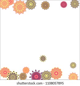 Christmas Background with Cute Colorful Snowflakes on White Ground. Ethnic Stylized Mandalas Looking Like Snowflakes. Moroccan, Ottoman or Arabic Pattern for Card, Poster, Banner