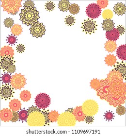 Christmas Background with Cute Colorful Snowflakes on White Ground. Ethnic Stylized Mandalas Looking Like Snowflakes. Moroccan, Ottoman or Arabic Pattern for Card, Poster, Banner