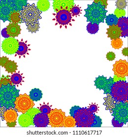 Christmas Background with Cute Colorful Snowflakes on White Ground. Ethnic Stylized Mandalas Looking Like Snowflakes. Moroccan, Ottoman or Arabic Pattern for Card, Poster, Banner
