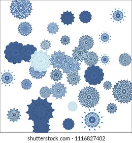 Christmas Background with Cute Colorful Snowflakes on White Ground. Ethnic Stylized Mandalas Looking Like Snowflakes. Moroccan, Ottoman or Arabic Pattern for Card, Poster, Banner