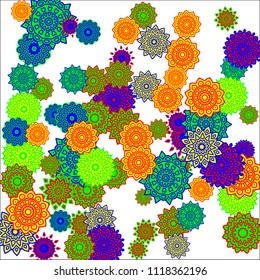 Christmas Background with Cute Colorful Snowflakes on White Ground. Ethnic Stylized Mandalas Looking Like Snowflakes. Moroccan, Ottoman or Arabic Pattern for Card, Poster, Banner