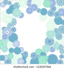 Christmas Background with Cute Colorful Snowflakes on White Ground. Ethnic Stylized Mandalas Looking Like Snowflakes. Moroccan, Ottoman or Arabic Pattern for Card, Poster, Banner