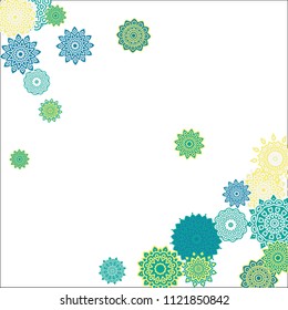 Christmas Background with Cute Colorful Snowflakes on White Ground. Ethnic Stylized Mandalas Looking Like Snowflakes. Moroccan, Ottoman or Arabic Pattern for Card, Poster, Banner