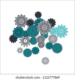 Christmas Background with Cute Colorful Snowflakes on White Ground. Ethnic Stylized Mandalas Looking Like Snowflakes. Moroccan, Ottoman or Arabic Pattern for Card, Poster, Banner