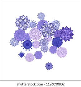 Christmas Background with Cute Colorful Snowflakes on White Ground. Ethnic Stylized Mandalas Looking Like Snowflakes. Moroccan, Ottoman or Arabic Pattern for Card, Poster, Banner