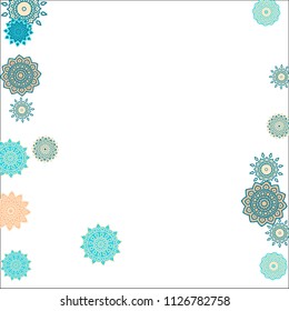 Christmas Background with Cute Colorful Snowflakes on White Ground. Ethnic Stylized Mandalas Looking Like Snowflakes. Moroccan, Ottoman or Arabic Pattern for Card, Poster, Banner