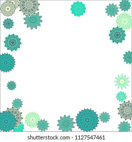 Christmas Background with Cute Colorful Snowflakes on White Ground. Ethnic Stylized Mandalas Looking Like Snowflakes. Moroccan, Ottoman or Arabic Pattern for Card, Poster, Banner