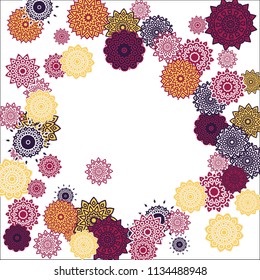 Christmas Background with Cute Colorful Snowflakes on White Ground. Ethnic Stylized Mandalas Looking Like Snowflakes. Moroccan, Ottoman or Arabic Pattern for Card, Poster, Banner