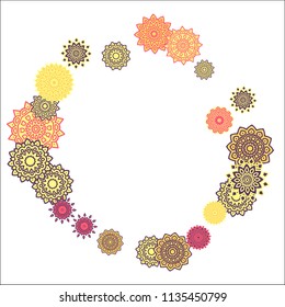 Christmas Background with Cute Colorful Snowflakes on White Ground. Ethnic Stylized Mandalas Looking Like Snowflakes. Moroccan, Ottoman or Arabic Pattern for Card, Poster, Banner