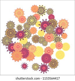 Christmas Background with Cute Colorful Snowflakes on White Ground. Ethnic Stylized Mandalas Looking Like Snowflakes. Moroccan, Ottoman or Arabic Pattern for Card, Poster, Banner