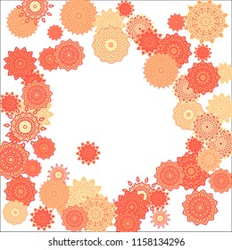 Christmas Background with Cute Colorful Snowflakes on White Ground. Ethnic Stylized Mandalas Looking Like Snowflakes. Moroccan, Ottoman or Arabic Pattern for Card, Poster, Banner