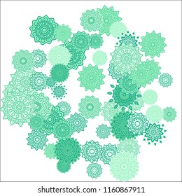 Christmas Background with Cute Colorful Snowflakes on White Ground. Ethnic Stylized Mandalas Looking Like Snowflakes. Moroccan, Ottoman or Arabic Pattern for Card, Poster, Banner