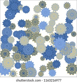 Christmas Background with Cute Colorful Snowflakes on White Ground. Ethnic Stylized Mandalas Looking Like Snowflakes. Moroccan, Ottoman or Arabic Pattern for Card, Poster, Banner