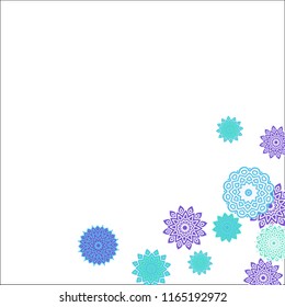 Christmas Background with Cute Colorful Snowflakes on White Ground. Ethnic Stylized Mandalas Looking Like Snowflakes. Moroccan, Ottoman or Arabic Pattern for Card, Poster, Banner