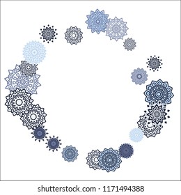 Christmas Background with Cute Colorful Snowflakes on White Ground. Ethnic Stylized Mandalas Looking Like Snowflakes. Moroccan, Ottoman or Arabic Pattern for Card, Poster, Banner
