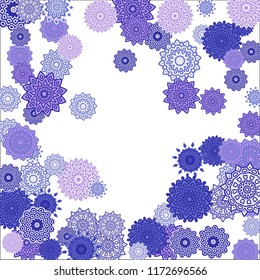 Christmas Background with Cute Colorful Snowflakes on White Ground. Ethnic Stylized Mandalas Looking Like Snowflakes. Moroccan, Ottoman or Arabic Pattern for Card, Poster, Banner