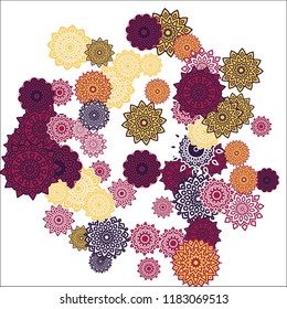 Christmas Background with Cute Colorful Snowflakes on White Ground. Ethnic Stylized Mandalas Looking Like Snowflakes. Moroccan, Ottoman or Arabic Pattern for Card, Poster, Banner