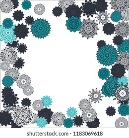 Christmas Background with Cute Colorful Snowflakes on White Ground. Ethnic Stylized Mandalas Looking Like Snowflakes. Moroccan, Ottoman or Arabic Pattern for Card, Poster, Banner