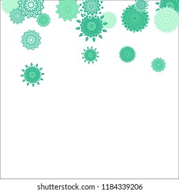 Christmas Background with Cute Colorful Snowflakes on White Ground. Ethnic Stylized Mandalas Looking Like Snowflakes. Moroccan, Ottoman or Arabic Pattern for Card, Poster, Banner