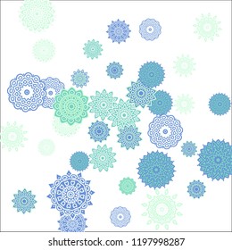 Christmas Background with Cute Colorful Snowflakes on White Ground. Ethnic Stylized Mandalas Looking Like Snowflakes. Moroccan, Ottoman or Arabic Pattern for Card, Poster, Banner