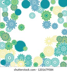 Christmas Background with Cute Colorful Snowflakes on White Ground. Ethnic Stylized Mandalas Looking Like Snowflakes. Moroccan, Ottoman or Arabic Pattern for Card, Poster, Banner