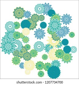 Christmas Background with Cute Colorful Snowflakes on White Ground. Ethnic Stylized Mandalas Looking Like Snowflakes. Moroccan, Ottoman or Arabic Pattern for Card, Poster, Banner